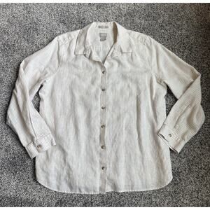 Chico’s No-iron Button-up Linen Roll Sleeve Blouse Size 2 Large Tan White Stripe